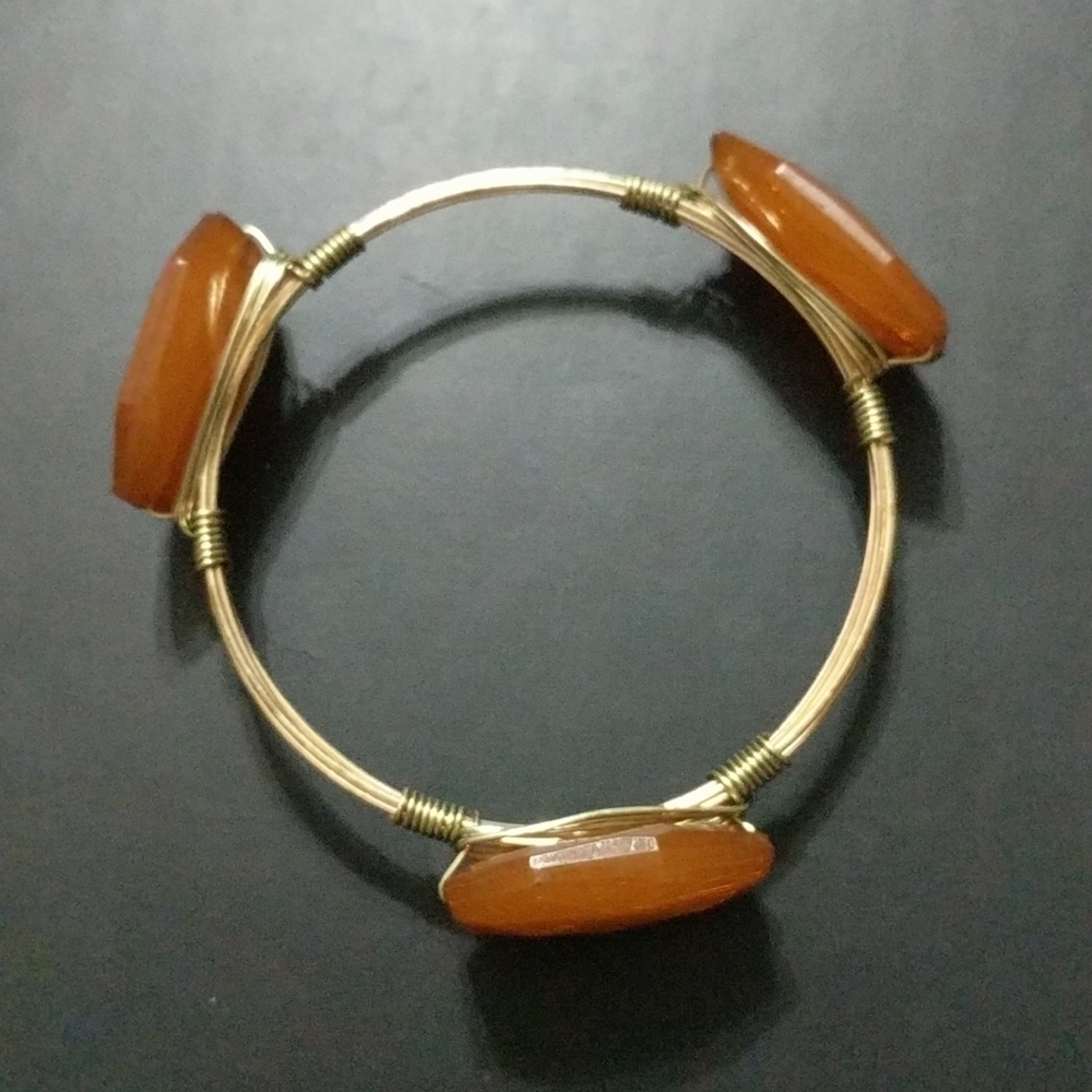 Gold Tone Brown Faceted Wire Wrapped Cuff Bracelet